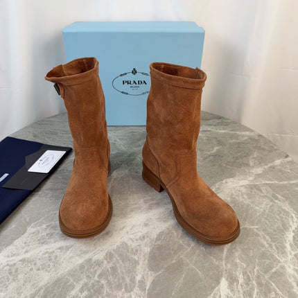 PRADA 26S ANKLE BIKER BOOTS IN COGNAC BROWN SUEDE