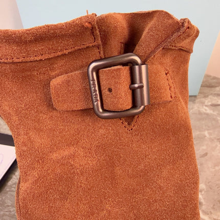 PRADA 26S ANKLE BIKER BOOTS IN COGNAC BROWN SUEDE
