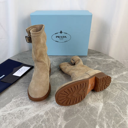 PRADA 26S ANKLE BIKER BOOTS IN BEIGE SUEDE