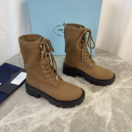 PRADA 26S LACE-UP COMBAT BOOTS IN BROWN CANVAS