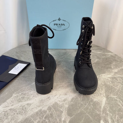 PRADA 26S LACE-UP COMBAT BOOTS IN BLACK CANVAS