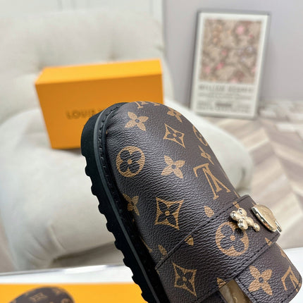 LV MULES IN BROWN MIN BLACK SHEARLING GOLD HARDWARE