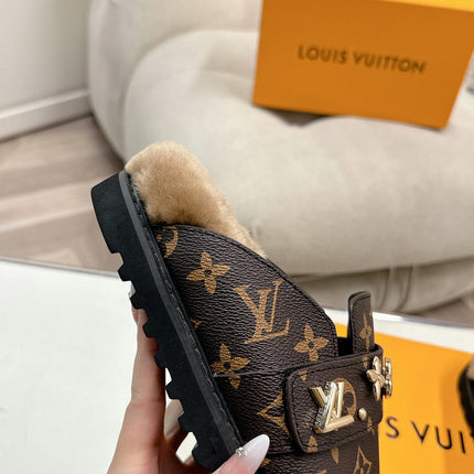 LV MULES IN BROWN MIN BLACK SHEARLING GOLD HARDWARE