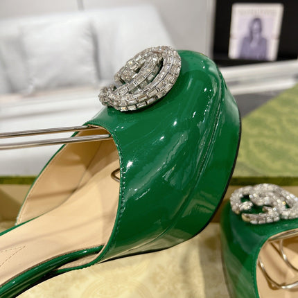 HIGH SANDAL SQUARE HEEL 12 CM IN DARK GREEN CALFSKIN