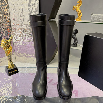 CHANEL 26S KNEE HIGH BOOTS 25 MM IN BLACK CALFSKIN CC LOGO