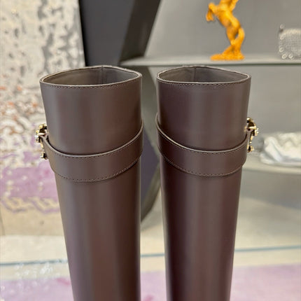 CHANEL 26S KNEE HIGH BOOTS 25 MM IN DARK BROWN CALFSKIN CC LOGO