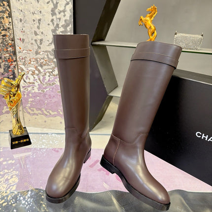 CHANEL 26S KNEE HIGH BOOTS 25 MM IN DARK BROWN CALFSKIN CC LOGO