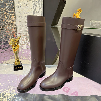 CHANEL 26S KNEE HIGH BOOTS 25 MM IN DARK BROWN CALFSKIN CC LOGO