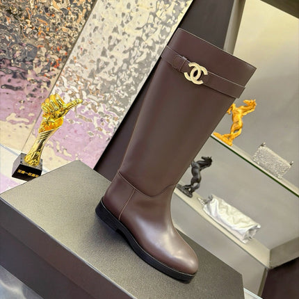 CHANEL 26S KNEE HIGH BOOTS 25 MM IN DARK BROWN CALFSKIN CC LOGO
