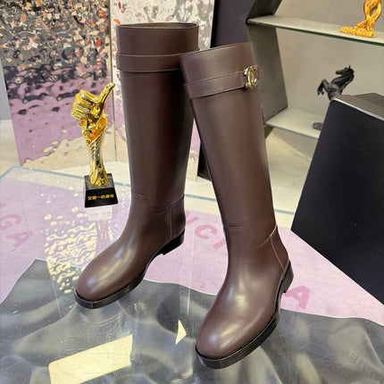 CHANEL 26S KNEE HIGH BOOTS 25 MM IN DARK BROWN CALFSKIN CC LOGO
