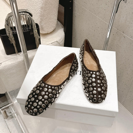 CELINE 26S FLAT SHOES IN DARK BROWN SUEDE WITH METAL STUDS