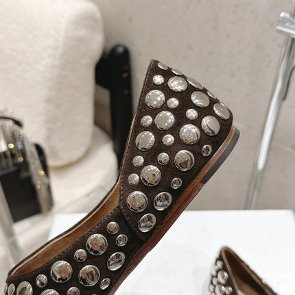 CELINE 26S FLAT SHOES IN DARK BROWN SUEDE WITH METAL STUDS