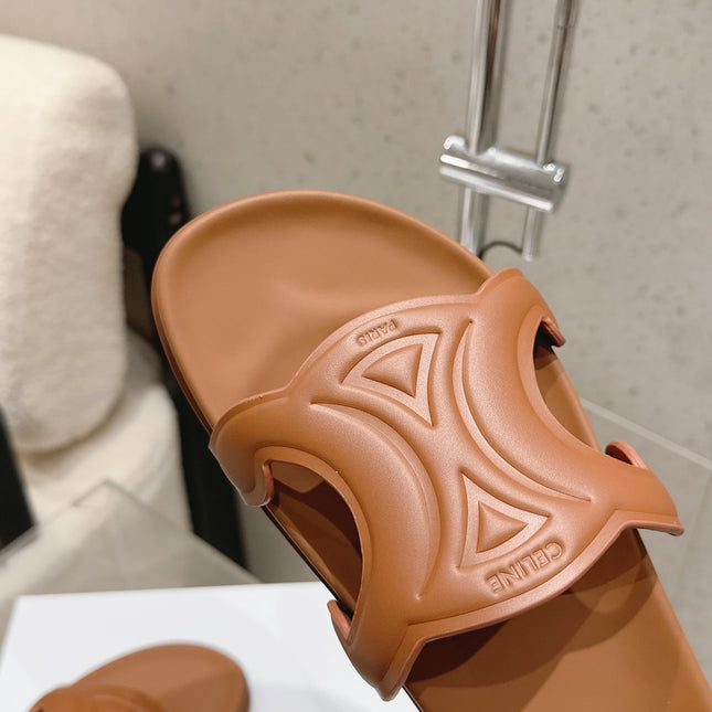 CELINE 26S TRIOMPHE SLIDES IN BROWN CALFSKIN