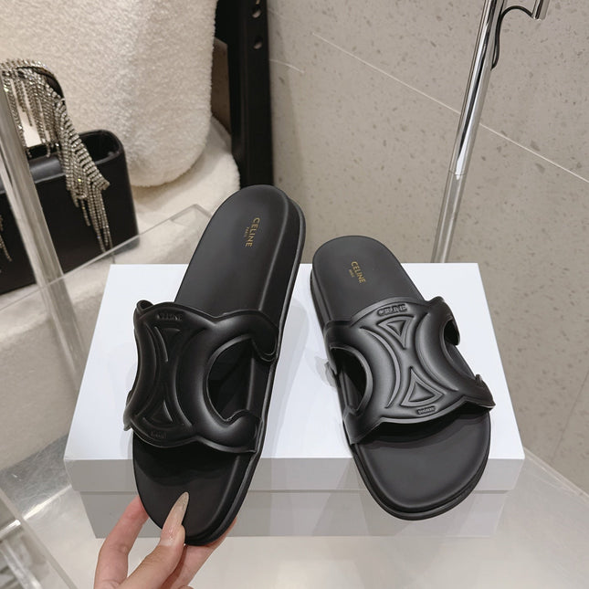 CELINE 26S TRIOMPHE SLIDES IN BLACK CALFSKIN
