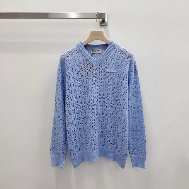 MIUMIU 26S V-NECK OPENWORK KNIT SWEATER 1299