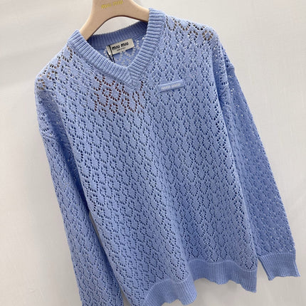 MIUMIU 26S V-NECK OPENWORK KNIT SWEATER 1299