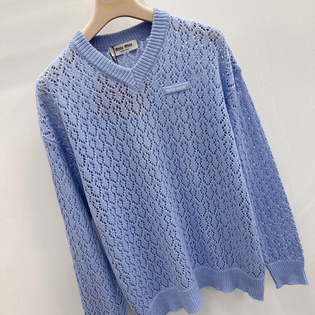 MIUMIU 26S V-NECK OPENWORK KNIT SWEATER 1299