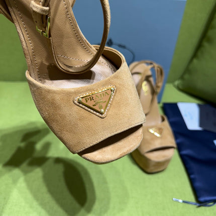 PRADA 25S HIGH-HEEL SANDALS 140 MM IN CARAMEL BROWN SUEDE STYLE 2