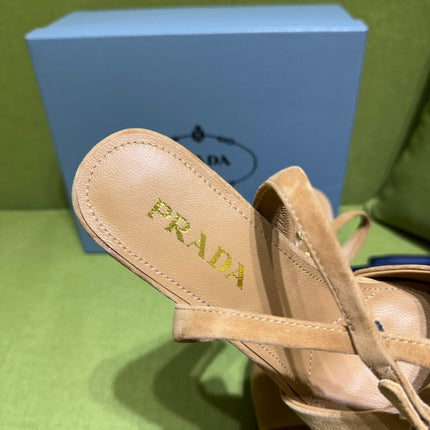 PRADA 25S HIGH-HEEL SANDALS 140 MM IN CARAMEL BROWN SUEDE STYLE 6