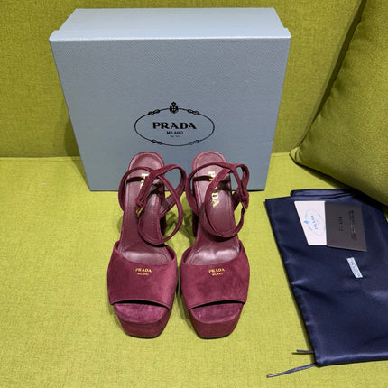 PRADA 25S HIGH-HEEL SANDALS 140 MM IN DEEP WINE RED SUEDE STYLE 5