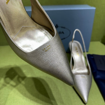 PRADA 25S SLINGBACK HIGH HEELS 75 MM IN GOLD SHEEPSKIN