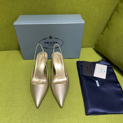PRADA 25S SLINGBACK HIGH HEELS 75 MM IN GOLD SHEEPSKIN