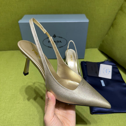 PRADA 25S SLINGBACK HIGH HEELS 75 MM IN GOLD SHEEPSKIN