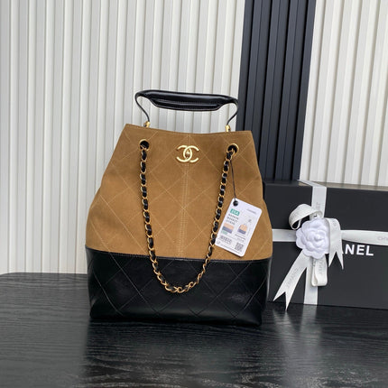 CHANEL 25S HOBO BAG 33 IN BROWN SUEDE AND BLACK CALFSKIN WITH GOLD HARDWARE