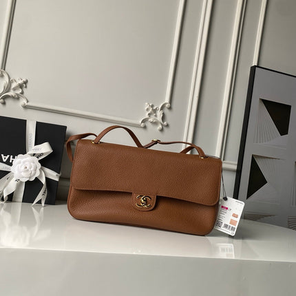CHANEL 26S CC LOGO SHOULDER BAG 32 IN CAMEL BROWN GRAINED CALFSKIN