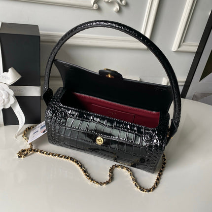 CHANEL 26S BARREL CLUTCH WITH CHAIN 23 IN BLACK CROCODILE-EMBOSSED CALFSKIN GOLD HARDWARE