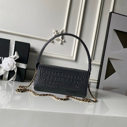 CHANEL 26S BARREL CLUTCH WITH CHAIN 23 IN DARK GREY CROCODILE-EMBOSSED CALFSKIN GOLD HARDWARE