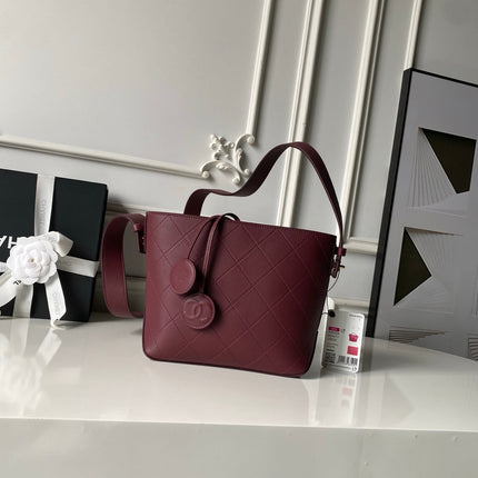 CHANEL 26S BUCKET SHOULDER BAG 27 IN BURGUNDY RED LAMBSKIN GOLD HARDWARE