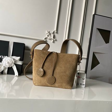 CHANEL 26S BUCKET SHOULDER BAG 27 IN CAMEL BROWN SUEDE AND CALFSKIN GOLD HARDWARE
