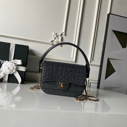 CHANEL 26S TOP HANDLE BAG 19 IN DARK GREY CROCODILE-EMBOSSED CALFSKIN GOLD HARDWARE