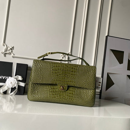 CHANEL 26S CC LOGO SHOULDER BAG 39 IN OLIVE GREEN CROCODILE-EMBOSSED CALFSKIN GOLD HARDWARE