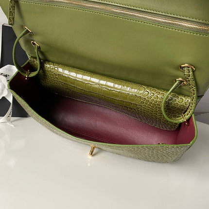 CHANEL 26S CC LOGO SHOULDER BAG 32 IN OLIVE GREEN CROCODILE-EMBOSSED CALFSKIN GOLD HARDWARE