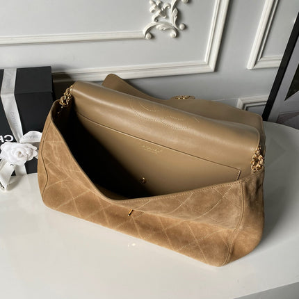 CHANEL 26S CLASSIC FLAP MEDIUM 39 IN LIGHT BROWN QUILTED SUEDE AND CALFSKIN GOLD HARDWARE