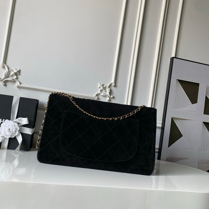 CHANEL 26S CLASSIC FLAP MEDIUM 39 IN BLACK QUILTED SUEDE AND CALFSKIN GOLD HARDWARE