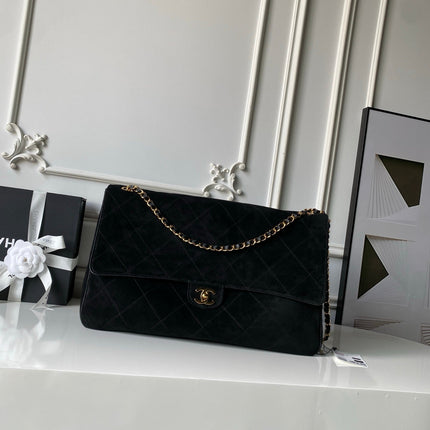 CHANEL 26S CLASSIC FLAP MEDIUM 39 IN BLACK QUILTED SUEDE AND CALFSKIN GOLD HARDWARE