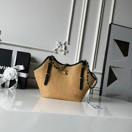 CHANEL 26S MAXI SHOPPING BAG 28 IN BEIGE RAFFIA AND BLACK CALFKIN GOLD HARDWARE