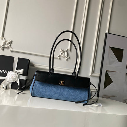 CHANEL 26S TOP HANDLE BAG 30 IN BLUE DENIM AND BLACK CALFSKIN GOLD HARDWARE