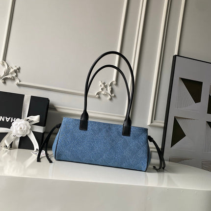 CHANEL 26S TOP HANDLE BAG 30 IN BLUE DENIM AND BLACK CALFSKIN GOLD HARDWARE