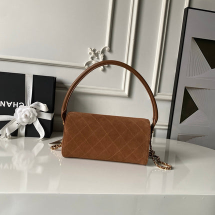 CHANEL 26S BARREL CLUTCH WITH CHAIN 23 IN CARAMEL BROWN SUEDE AND CALFSKIN GOLD HARDWARE