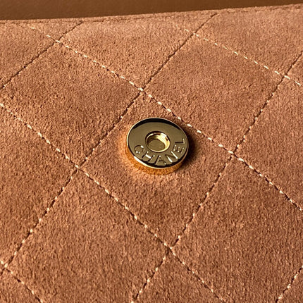 CHANEL 26S BARREL CLUTCH WITH CHAIN 23 IN CARAMEL BROWN SUEDE AND CALFSKIN GOLD HARDWARE