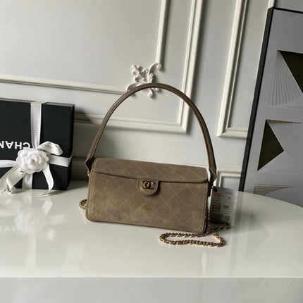 CHANEL 26S BARREL CLUTCH WITH CHAIN 23 IN DARK KHAKI BROWN SUEDE AND CALFSKIN GOLD HARDWARE