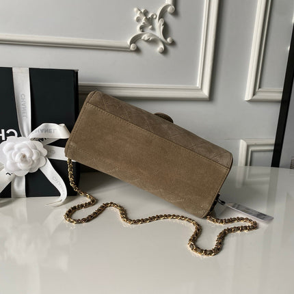 CHANEL 26S BARREL CLUTCH WITH CHAIN 23 IN DARK KHAKI BROWN SUEDE AND CALFSKIN GOLD HARDWARE