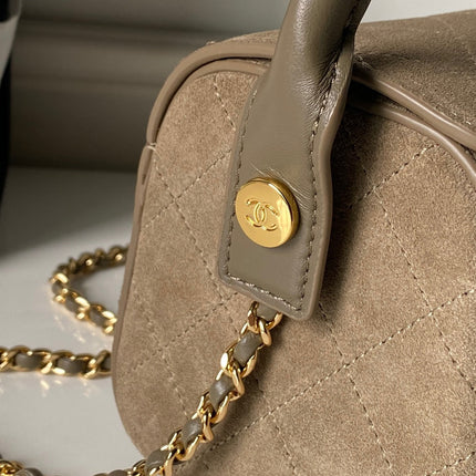 CHANEL 26S BARREL CLUTCH WITH CHAIN 23 IN DARK KHAKI BROWN SUEDE AND CALFSKIN GOLD HARDWARE