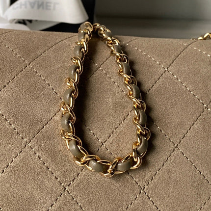 CHANEL 26S BARREL CLUTCH WITH CHAIN 23 IN DARK KHAKI BROWN SUEDE AND CALFSKIN GOLD HARDWARE