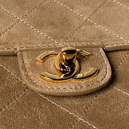 CHANEL 26S MAXI FLAP BAG 32 IN DARK BEIGE SUEDE AND CALFSKIN GOLD HARDWARE