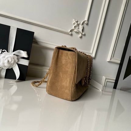CHANEL 26S MAXI FLAP BAG 32 IN DARK BEIGE SUEDE AND CALFSKIN GOLD HARDWARE
